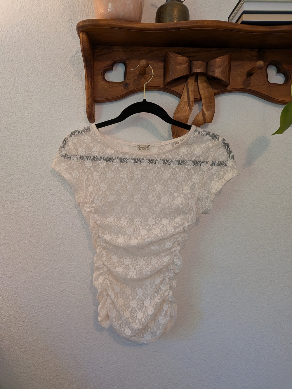 Free People White Lace Ruched Short Sleeve Top